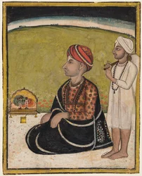 Nobile seduto su un parapetto esterno che adora un santuario di Krishna che suona il flauto, c. 1800