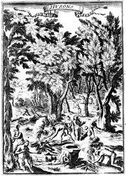 Indiani Huron del Nord America che cacciano e preparano cibo nel bosco, 1686