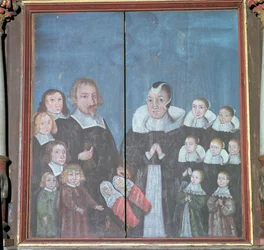Dipinto norvegese che mostra una famiglia con quattordici figli