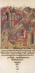 Novgorod veche. I novgorodiani saccheggiano la corte di Posadnik. Dalla Cronaca Illuminata Compilata