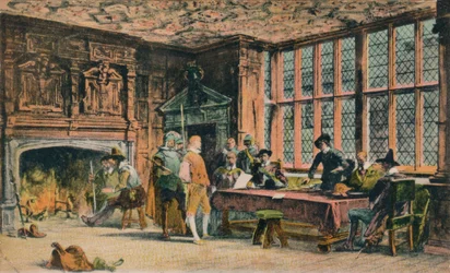 Oliver Cromwell giudica un prigioniero durante la difesa di Banbury. La Sala del Globo di Ye Olde Reine Dee