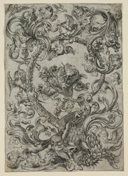 Fogliame ornamentale, con un gufo e altri uccelli