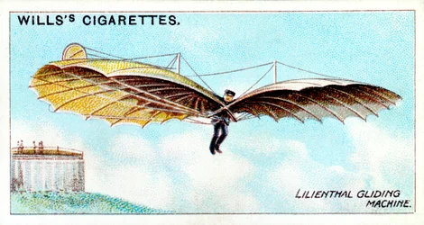 Otto Lilienthal, pioniere tedesco del volo a vela e inventore aeronautico, in volo con uno dei suoi alianti