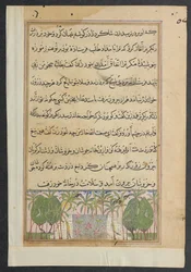 Pagina da Tales of a Parrot Tuti-nama: Ottava notte: Paesaggio con uno stagno di loto, c. 1560