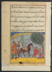 Pagina da Racconti di un pappagallo Tuti-nama: Ottava notte: Il figlio degli amanti fa un elefante, c1560