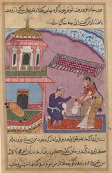 Pagina da Racconti di un pappagallo Tuti-nama: Ottava notte: Il commesso del mercante sostituisce..., c. 1560