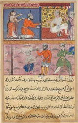 Pagina da Racconti di un pappagallo Tuti-nama: Ottava notte: Il principe rimandato al luogo..., c. 1560