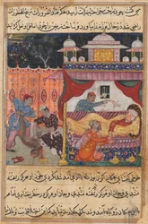 Pagina da Racconti di un pappagallo Tuti-nama: Quinta notte: La scimmia uccisa, il suo sangue..., c. 1560
