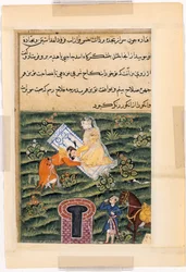 Pagina da Racconti di un pappagallo Tuti-nama: Cinquantunesima notte: Khusrau, il Re dei Re, c. 1560
