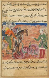 Pagina da Racconti di un pappagallo Tuti-nama: Cinquantaduesima notte: Il re chiede agli uomini pii, c1560