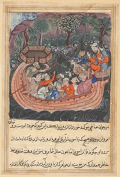 Pagina da Racconti di un pappagallo Tuti-nama: Quarantottesima notte: Il giovane di Baghdad, c. 1560