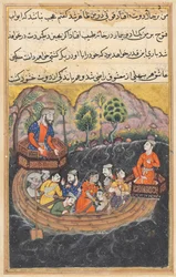 Pagina da Racconti di un pappagallo Tuti-nama: Quarantottesima notte: Il giovane di Baghdad..., c. 1560