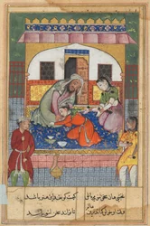 Pagina da Racconti di un pappagallo Tuti-nama: Quarantaduesima notte: Pentendosi della sua condotta..., c. 1560