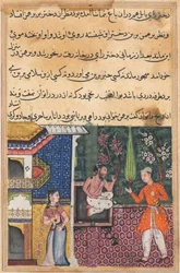 Pagina da Tales of a Parrot Tuti-nama: Trentacinquesima notte: Il Brahmano dà..., c. 1560