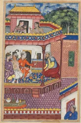 Pagina da Tales of a Parrot Tuti-nama: Trentaquattresima notte: I tre giovani uomini..., c1560