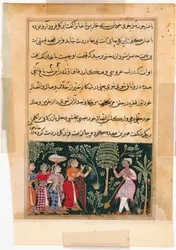 Pagina da Le storie di un pappagallo Tuti-nama: Dodicesima notte: La figlia del mercante..., c1560