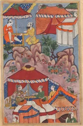 Pagina da Racconti di un pappagallo Tuti-nama: Ventiquattresima notte: Bashir confida il suo amore, c. 1560