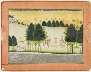Pagina da un Bhagavata Purana: Nanda e gli anziani in consiglio con i gopa, c. 1690-1700