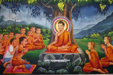 Dipinto che raffigura il Buddha che insegna sotto un albero, con il re Bimbisara a Rajagaha, Udong, Cambogia