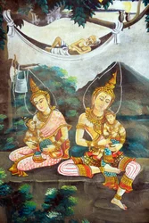 Dipinto che raffigura la storia della vita di Shakyamuni Buddha. Wat Naxai. Vientiane. Laos