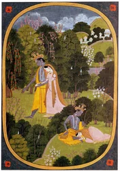 Dipinto di Radha e Krishna in un boschetto