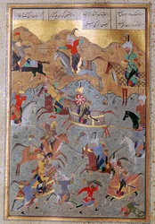 Miniatura persiana della battaglia tra Alessandro Magno e Dario