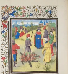 Pietro Bartolomeo sottoposto alla prova del fuoco. Miniatura dalla Historia di Guglielmo di Tiro, 1460s