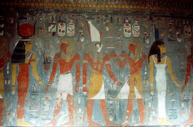 Faraone Horemheb con la dea Iside e il dio Horus, Antico Egitto, XIV secolo a.C.