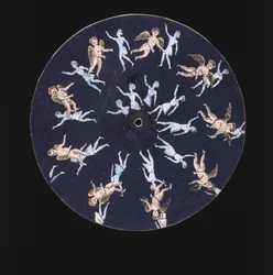 Disco del fenachistoscopio che mostra un cupido e due ragazze, c 1830