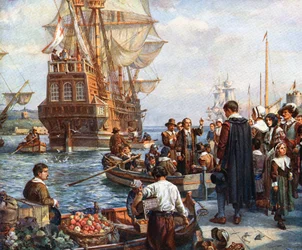Padri Pellegrini che salgono a bordo del Mayflower