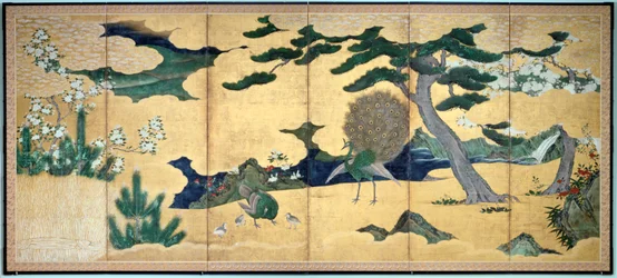 Pini e pavoni, periodo Edo giapponese, inizio del XVII secolo