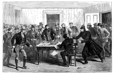 Incursione della polizia negli Uffici Nazionali degli Affitti a Loughrea, Irlanda, 1887