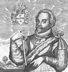 Ritratto di Sir Francis Drake. Frontespizio da The World Encompassed
