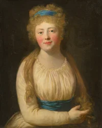 Ritratto di una Donna in Abiti Chiari con Nastro Blu nei Capelli
