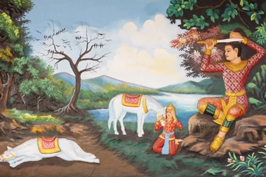 Monastero di Preah Prom Rath. Vita del Buddha. La grande tonsura: il Buddha si taglia i capelli con la spada. Poi scambiò i suoi abiti da principe con la veste di un mendicante. Quindi iniziò la sua ricerca dell
