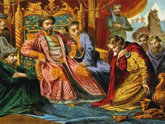 Il principe Alessandro Nevsky chiede misericordia a Batu Khan per la Russia, fine del XIX secolo