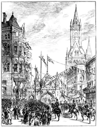 Processione che si avvicina al Municipio, Manchester, 1887
