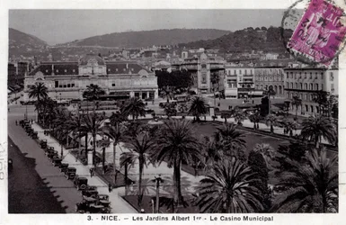 Provenza Alpi Costa Azzurra, Alpi Marittime (06), Nizza: vista dei Giardini Albert I e del Casinò Municipale Place Massena - Cartolina datata 1935