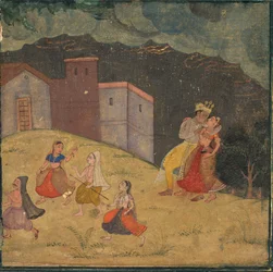 Radha e Krishna sorpresi in una tempesta, c.1615-1620
