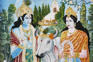 Rama, Sita e la vacca sacra. Rama è la 7ª reincarnazione di Vishnu. Pashupatinath, Kathmandu, Nepal