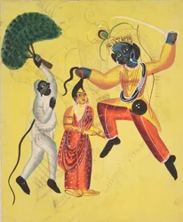 Rama e Hanuman, tenendo un albero sradicato, salvano Sita, 1800s