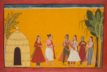 Rama e Sita portati dal sacerdote per fissare la data del matrimonio, pagina dal Ramayana..., c1700-17
