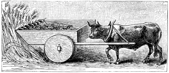 Ricostruzione della macchina da mietitura usata in Gallia in epoca romana antica, come descritto da Plinio, c1890