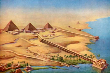 Ricostruzione delle tre piramidi di Abusir con i loro templi e accessi, 1933-1934