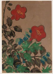 Fiori rossi e blu e fogliame, periodo Edo