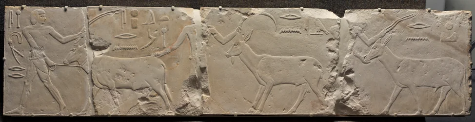 Rilievo di uomini che portano animali del deserto