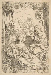 Riposo in Egitto, Sacra Famiglia seduta mentre un angelo tira i rami di un albero, ca. 1637-1639 o dopo