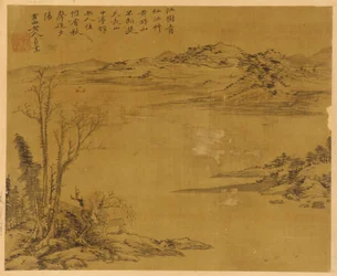 Paesaggio fluviale: alberi e case in primo piano, Dinastia Yuan, 1279-1368