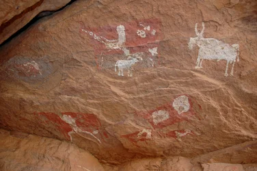 Arte rupestre, Preistoria: Pittura rupestre di un gruppo di bovini e pecore in un rifugio ornato, nel massiccio di Uweinat, Sudan