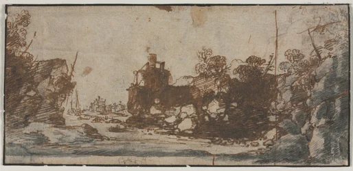 Insenatura rocciosa con barche e edifici (recto), Schizzi di castelli (verso)